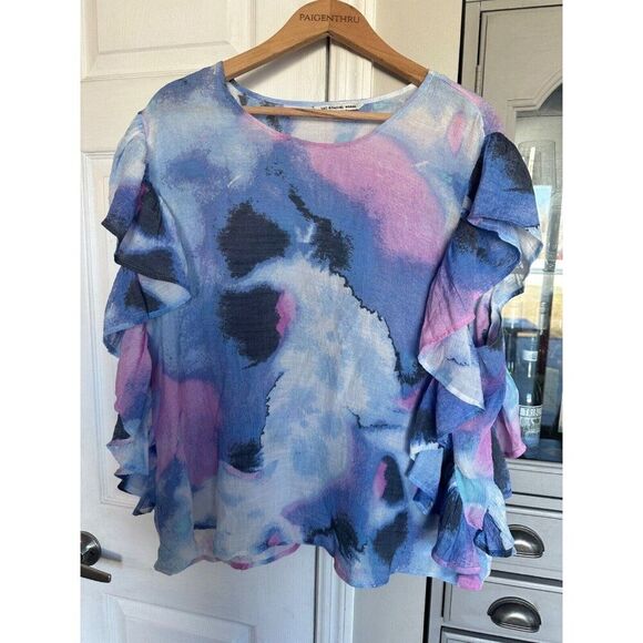 Zac & Rachel Plus 2X  Flounce Sleeve Top Blouse Blue Pink Crinkle Rayon Blend - Picture 1 of 6